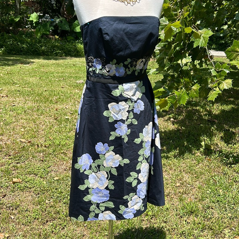 LOFT Strapless Black Dress with Light Blue & Green Floral Print